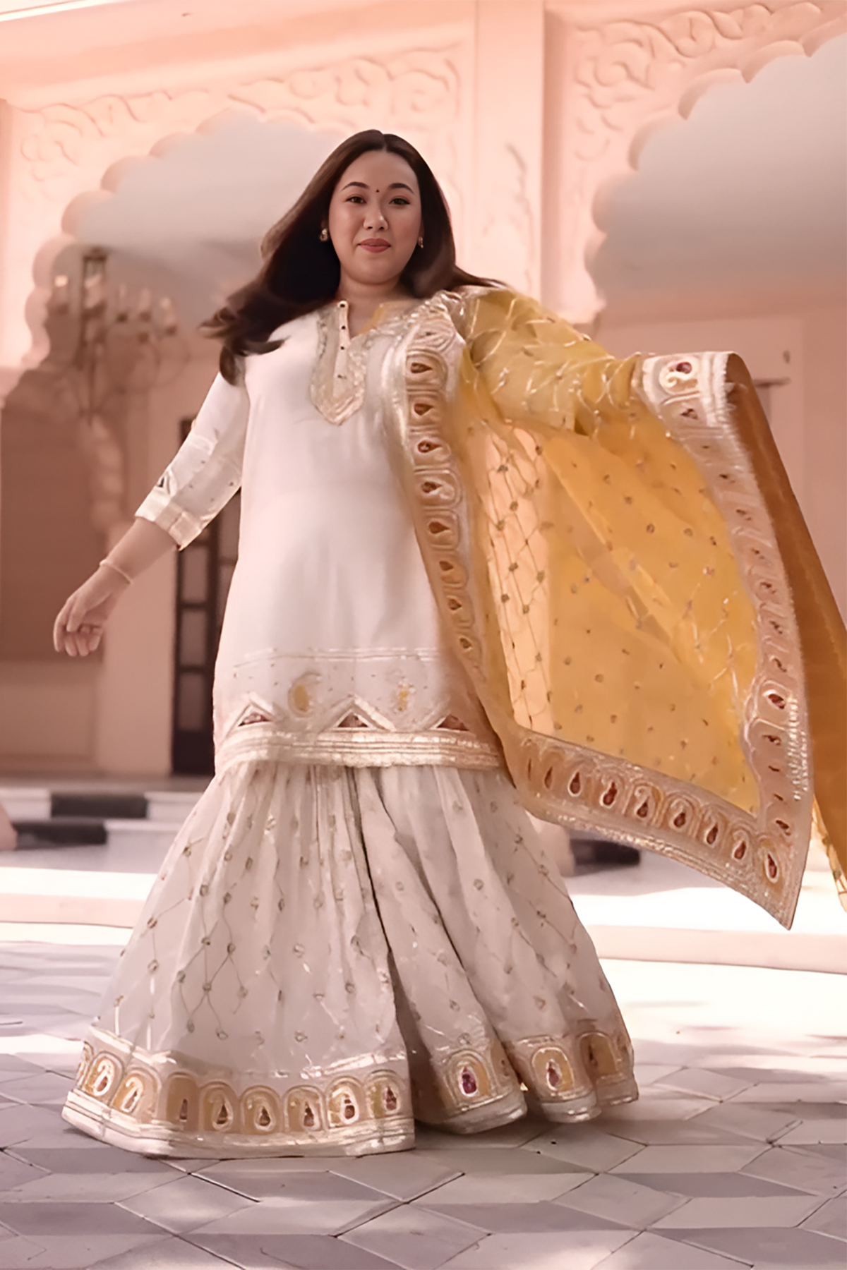 Shraddha Gurung IN Shafna Daisy Ivory short kurta with garara and dupatta