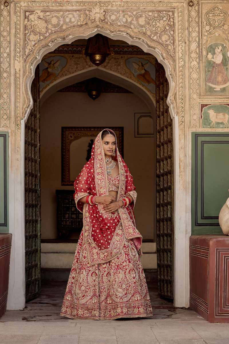 Sanaa - Dabka Zardozi Embroidered Raw Silk Red Bridal Lehenga Set