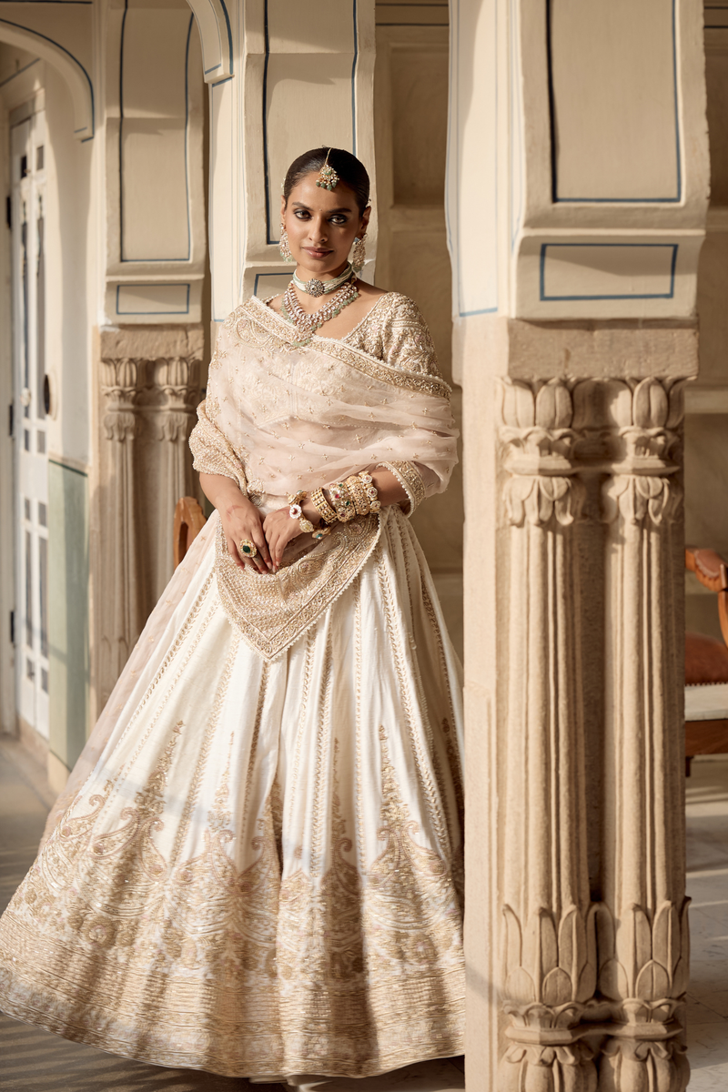 Farah - Dabka Zardozi Embroidered Pure Silk Daisy Ivory Lehenga Set (LXRTS)