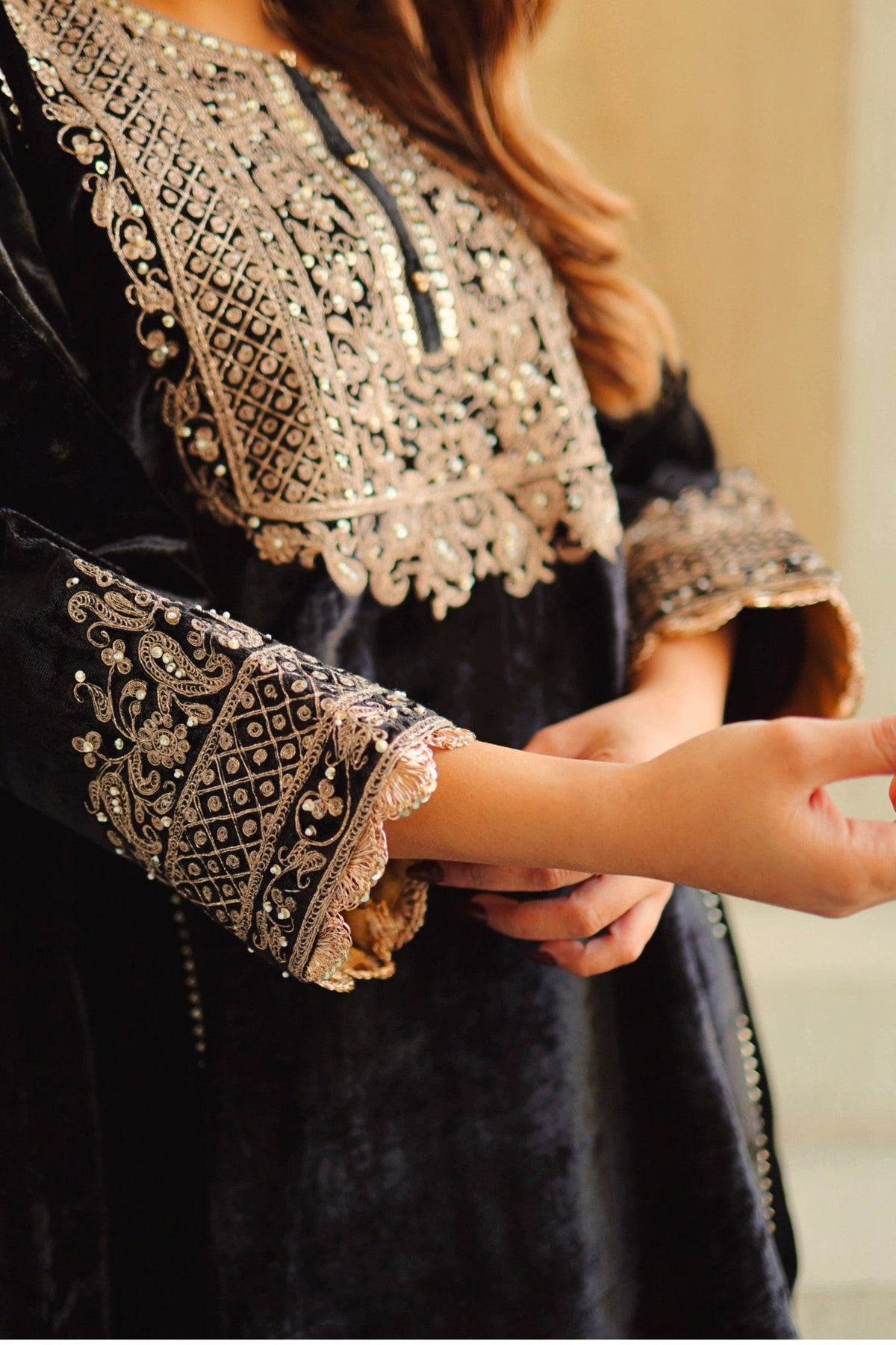 Nisreen - Black Silk Velvet Short Kalidaar Chauga with Salwar