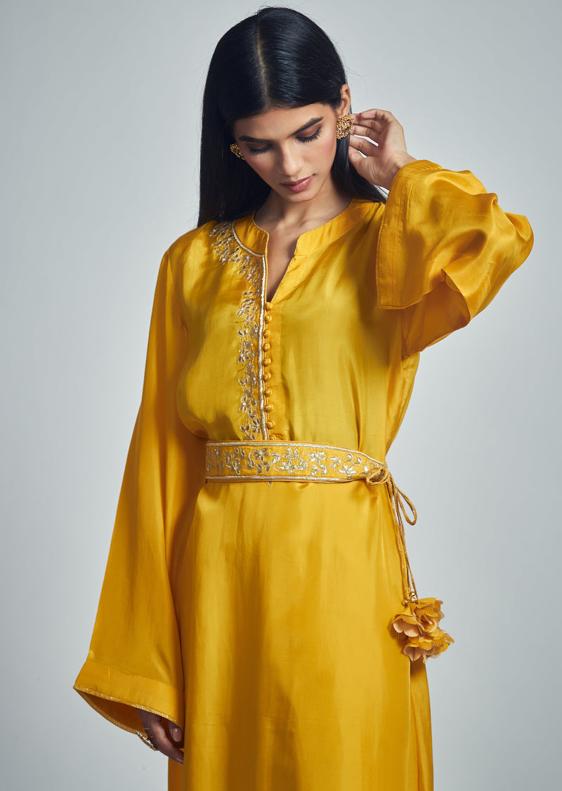 Nyasia- Happy mustard Habutai silk embroidered chauga