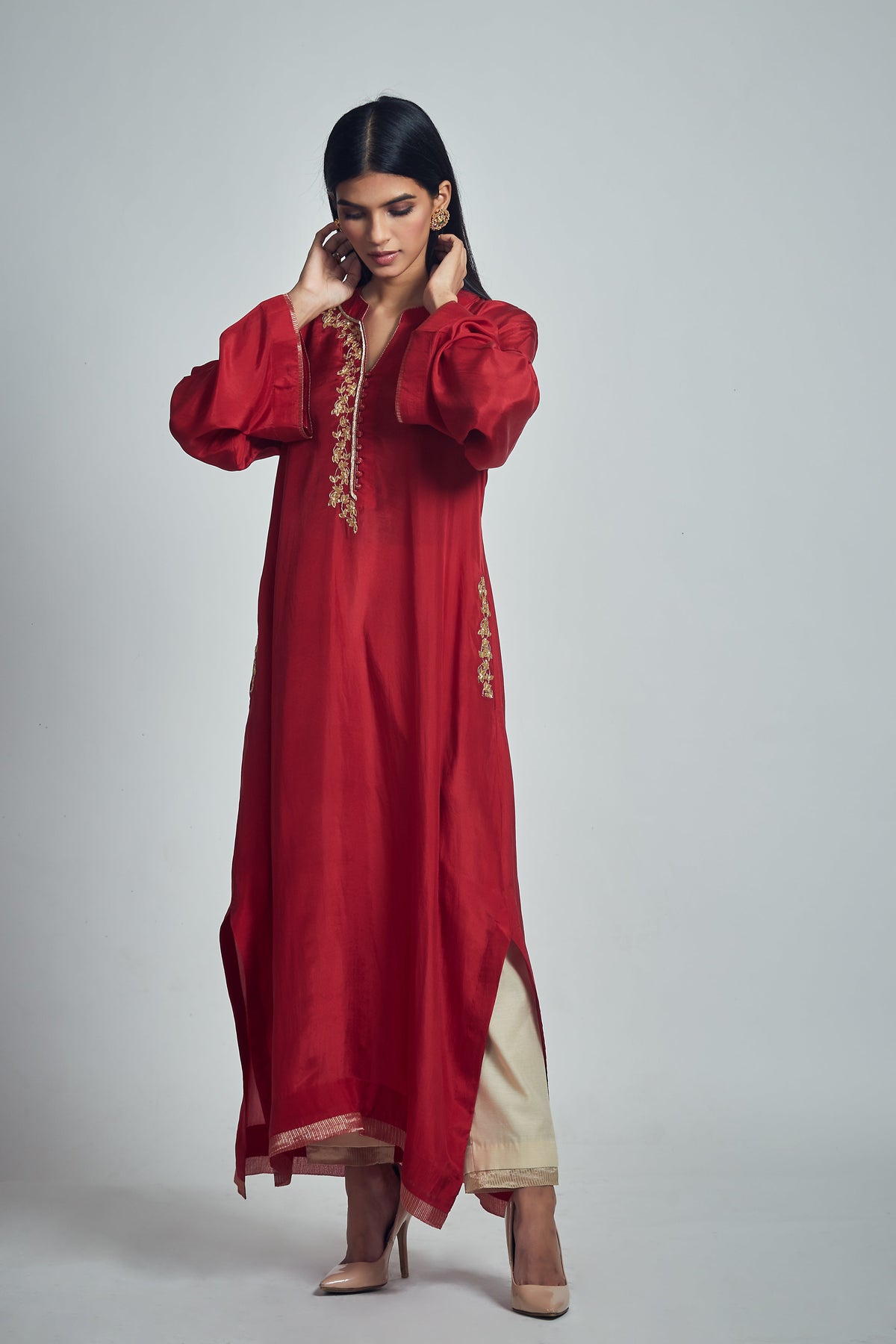 Nyasia- Red Habutai silk and chanderi silk Chauga