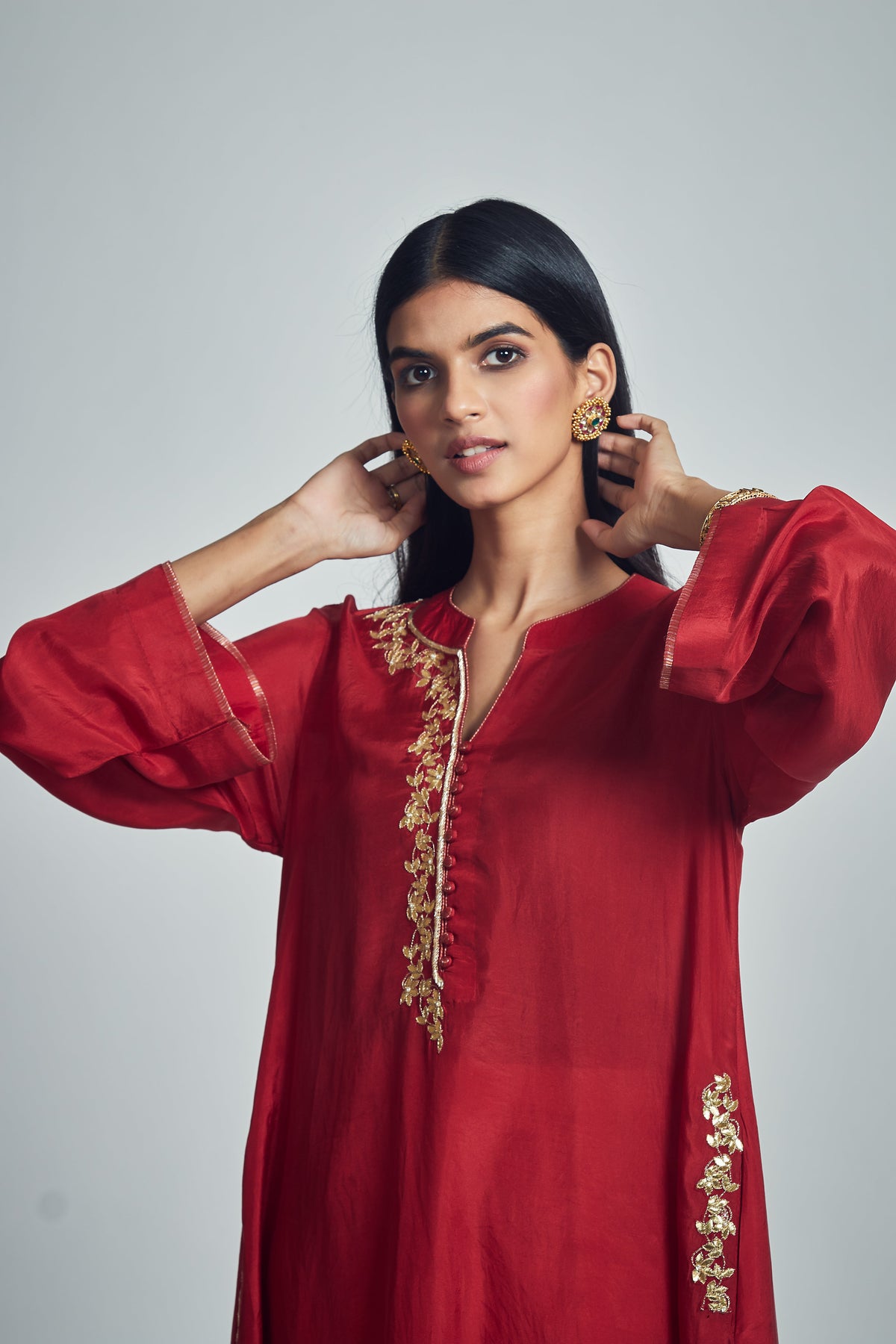 Nyasia- Red Habutai silk and chanderi silk Chauga