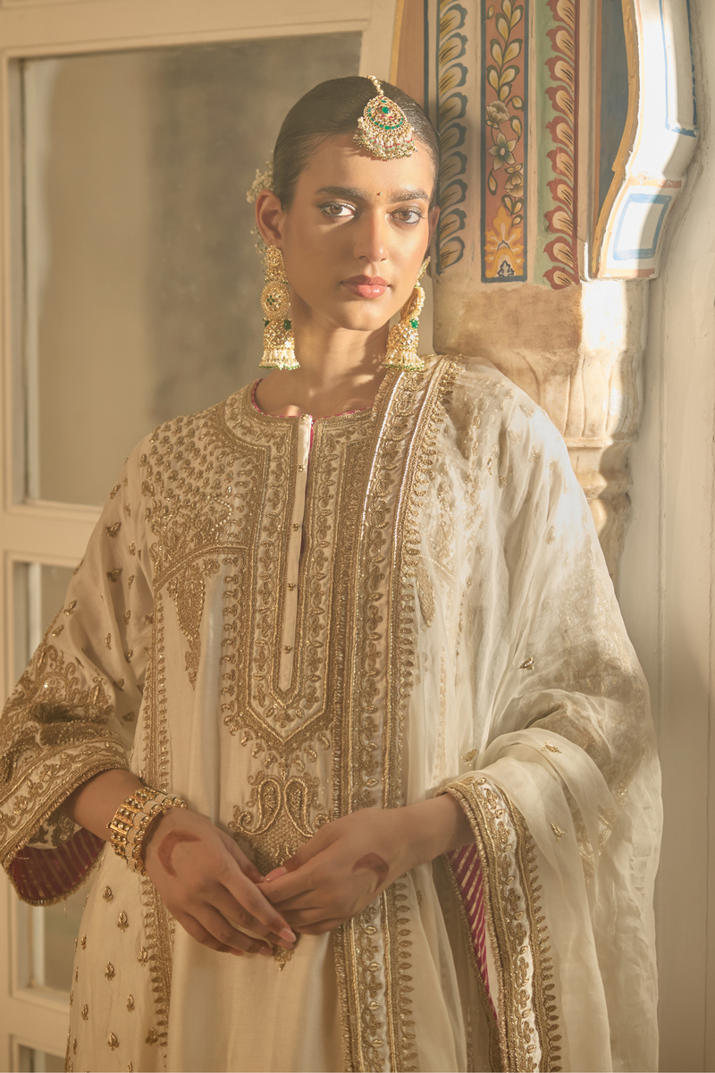 Zoya - Dabka Zardozi Embroidered Rich Banarasi Kalidaar Daisy Ivory Long Chauga Set (LXRTS)