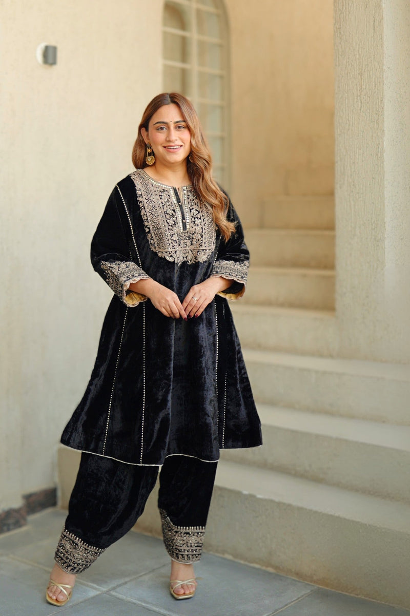 Nisreen - Black Silk Velvet Short Kalidaar Chauga with Salwar