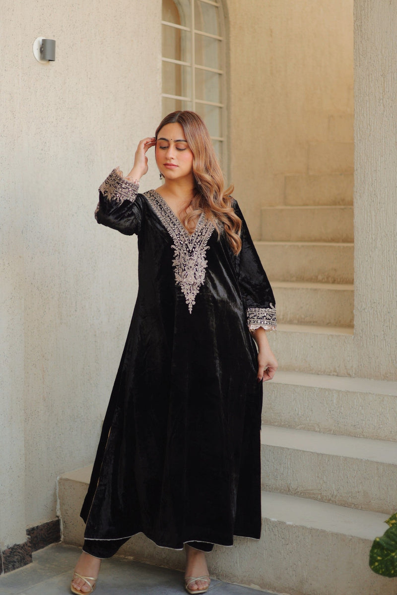 Rasha - Black Silk Velvet Long A-line Chauga with Salwar