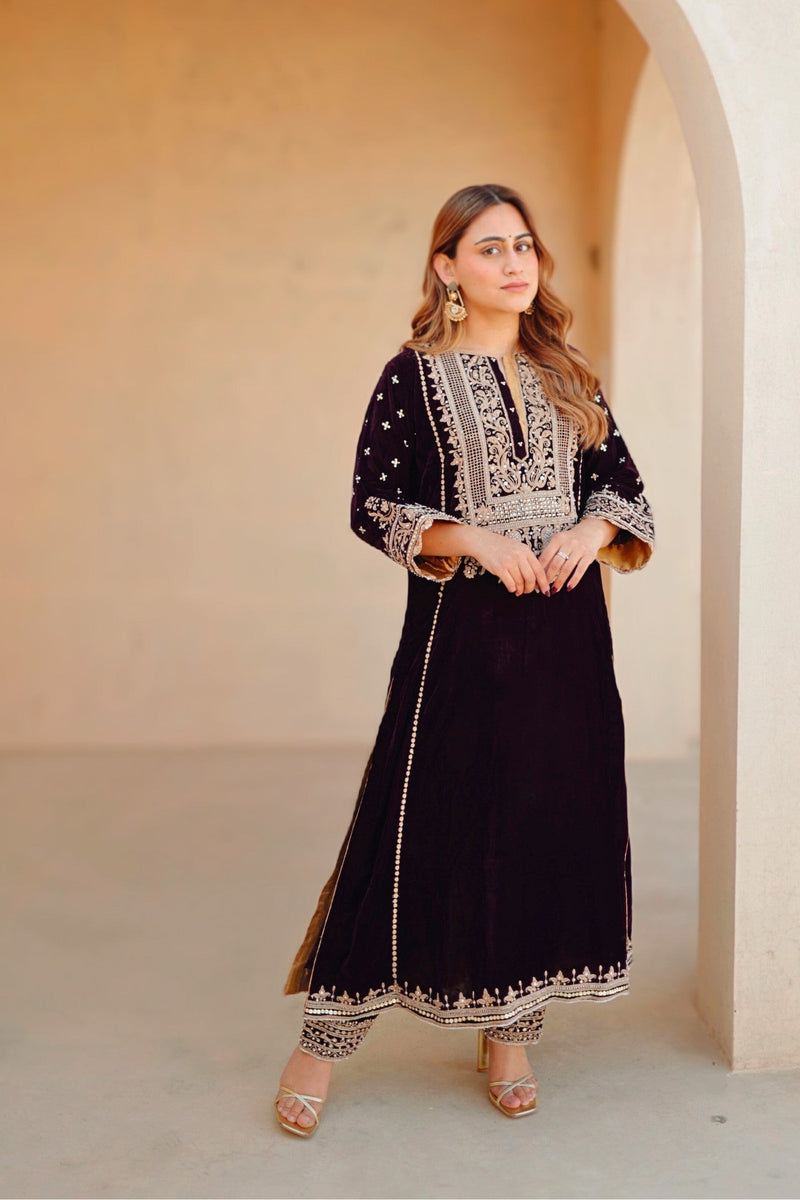 Marya - Wine Silk Velvet Long A-line Kurta with Salwar