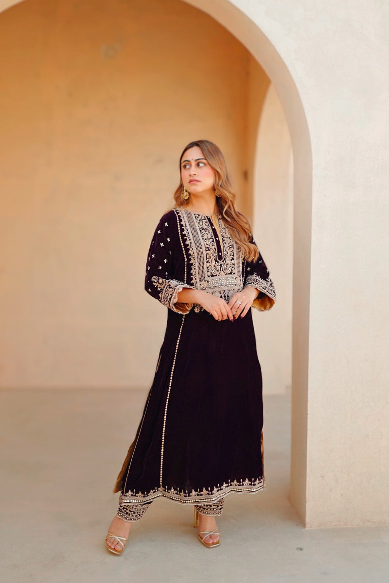 Marya - Wine Silk Velvet Long A-line Kurta with Salwar