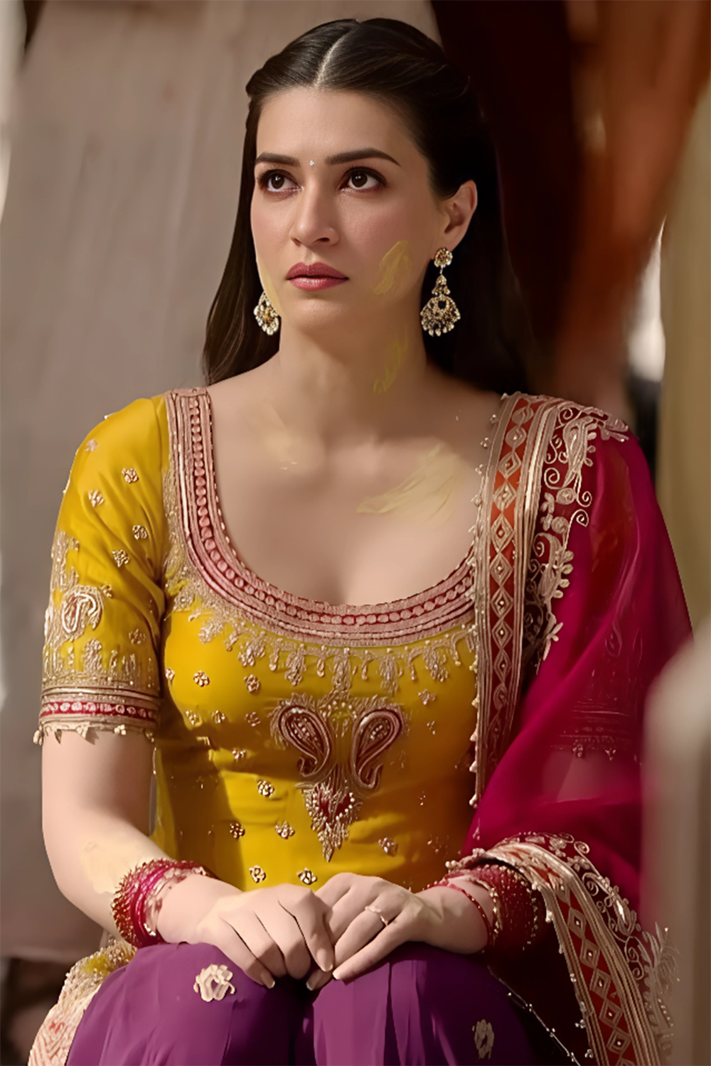 Kriti Sanon in  Mehan - Heirloom Mustard Short Kurta with Garara