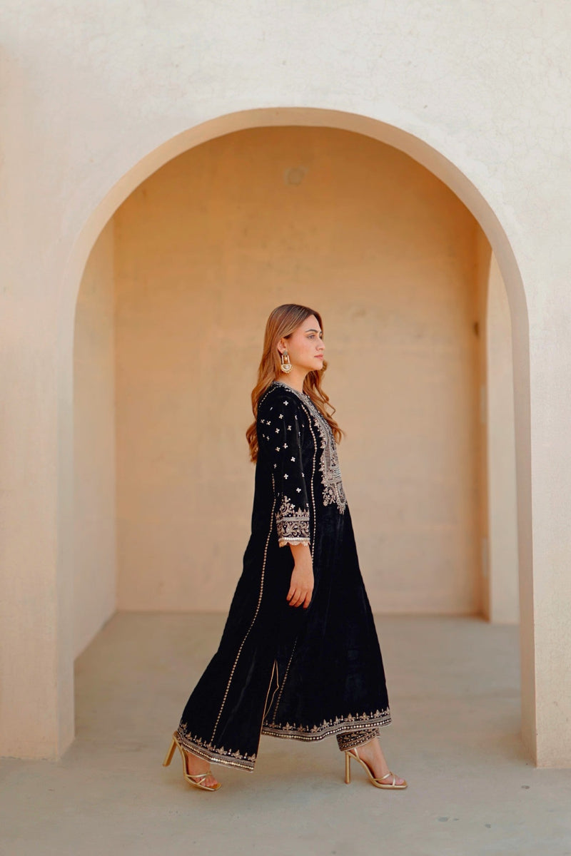 Marya - Black Silk Velvet Long A-line Kurta with Salwar