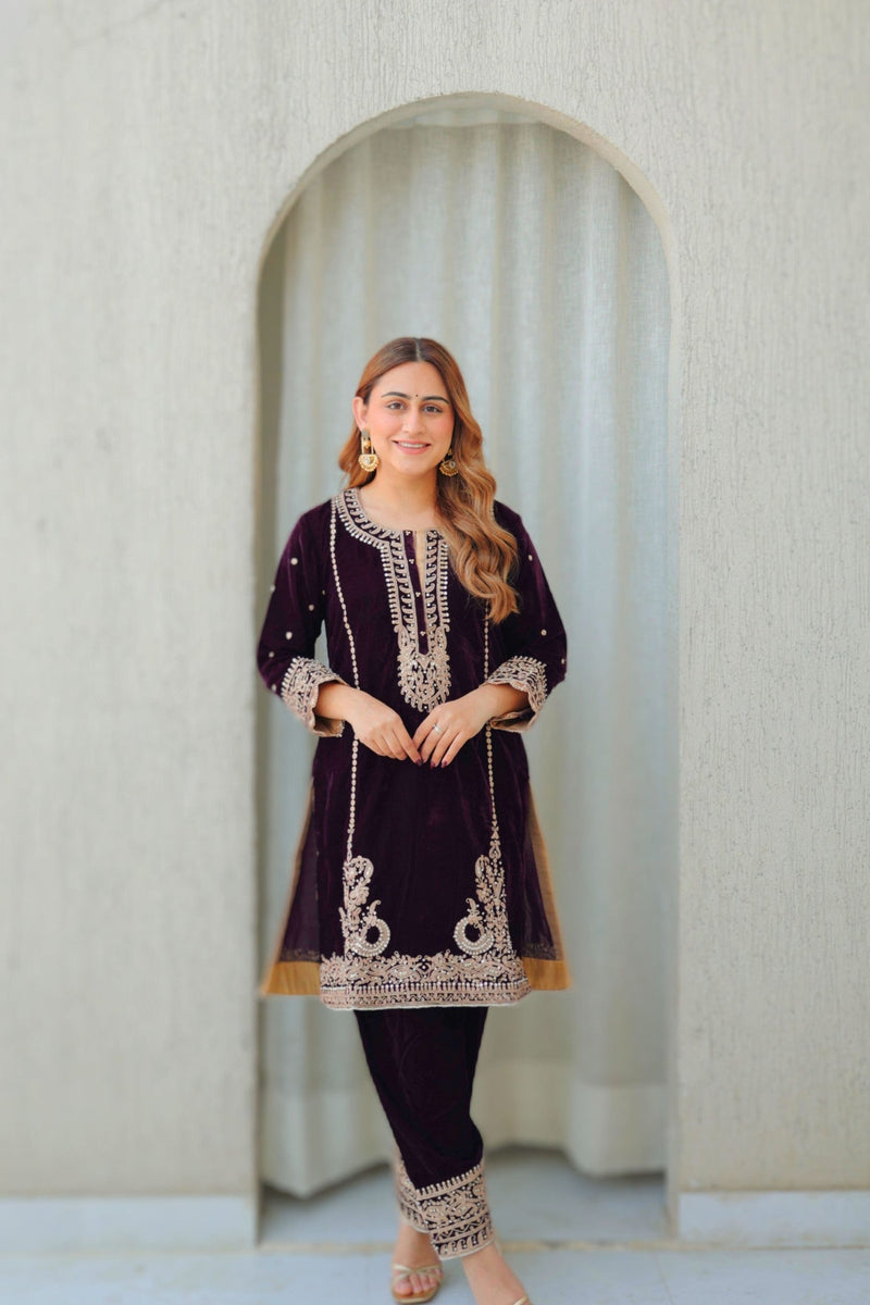 Ayat - Wine Silk Velvet Short Kurta with Salwar