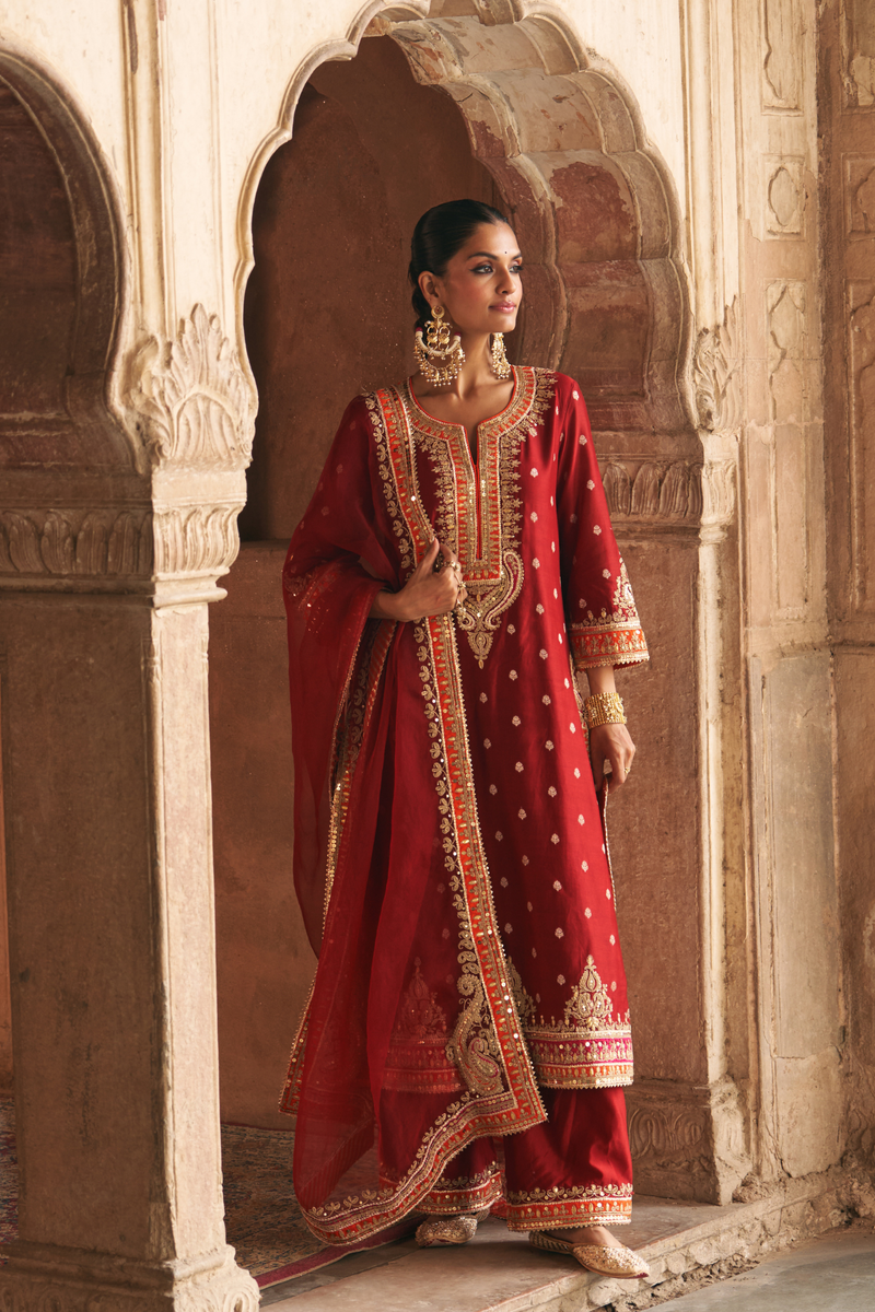 SUMAIRA - DEEP RED LONG KURTA WITH PALAZZO AND DUPATTA (Lxrts)