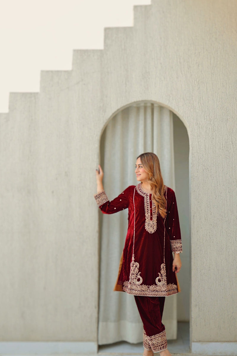 Ayat - Maroon Silk Velvet Short Kurta with Salwar