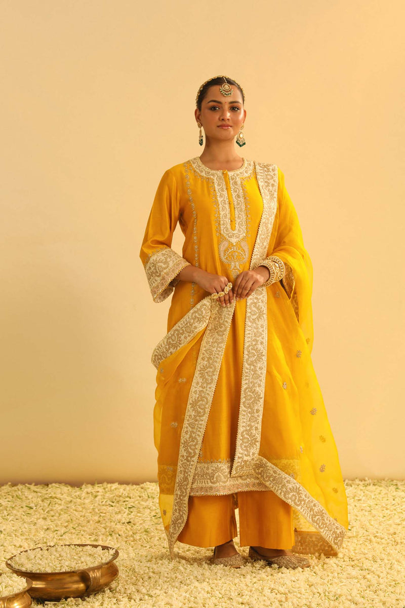 Asmira - Heirloom Mustard Long Kurta with Palazzo & Dupatta