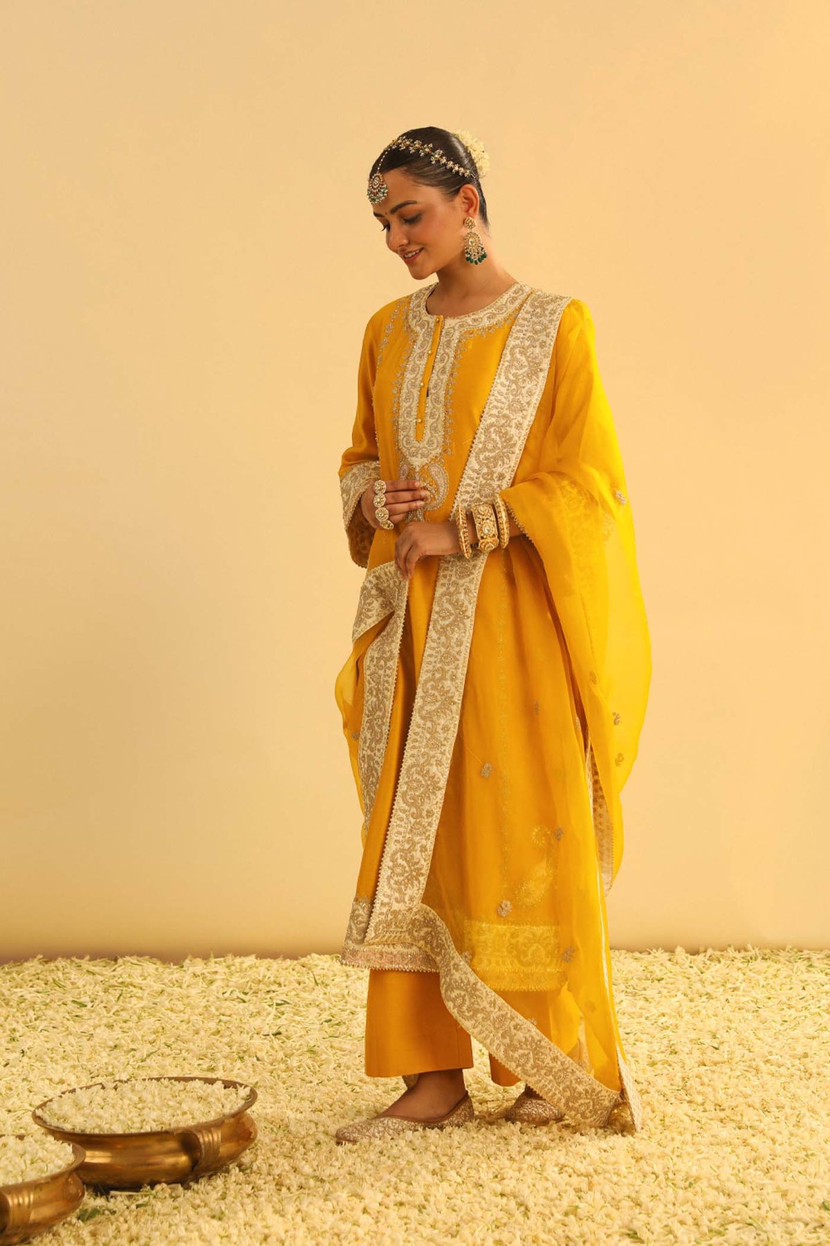 Asmira - Heirloom Mustard Long Kurta with Palazzo & Dupatta