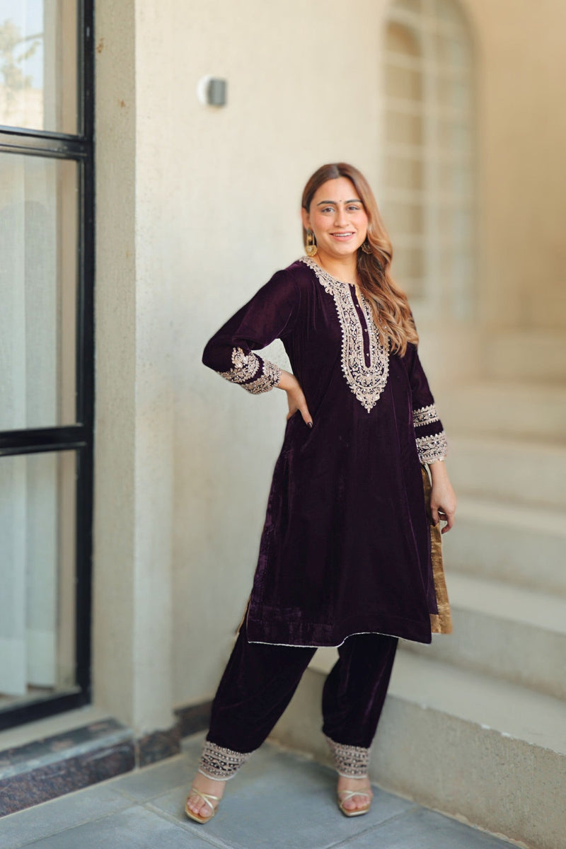 Zyra - Wine Silk Velvet Short Kurta with Salwar