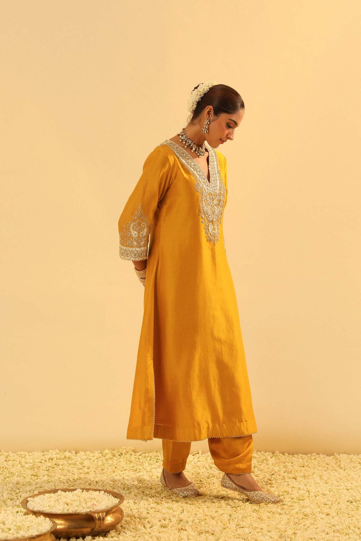 Shazana - Heirloom Mustard Long A-line Choga with Salwar