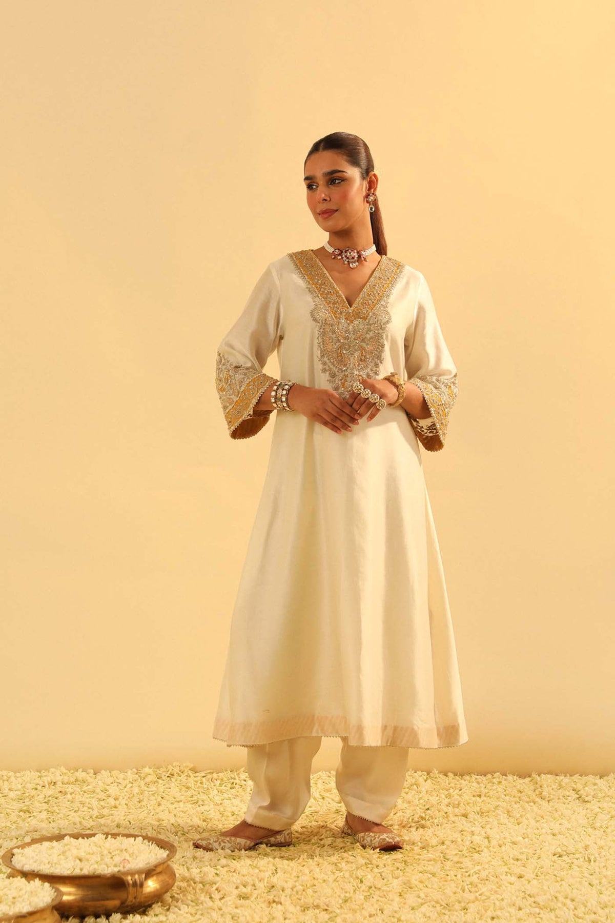 Shazana - Daisy Ivory Long A-line Choga with Salwar