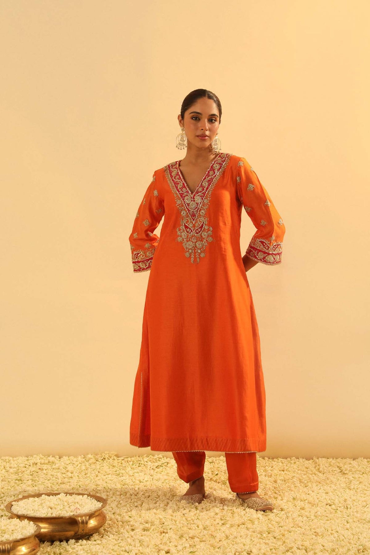 Alima - Orange Long A-line Choga with Salwar