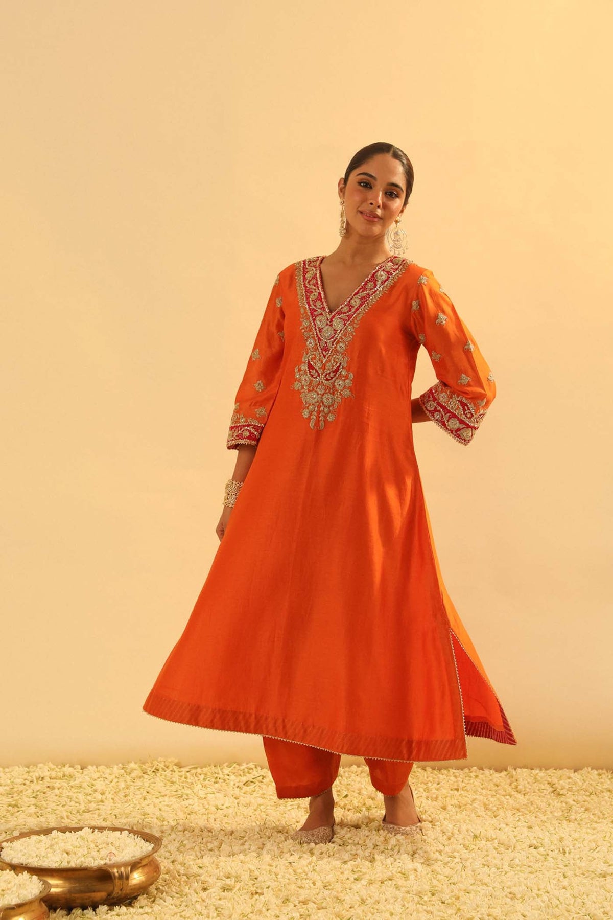 Alima - Orange Long A-line Choga with Salwar