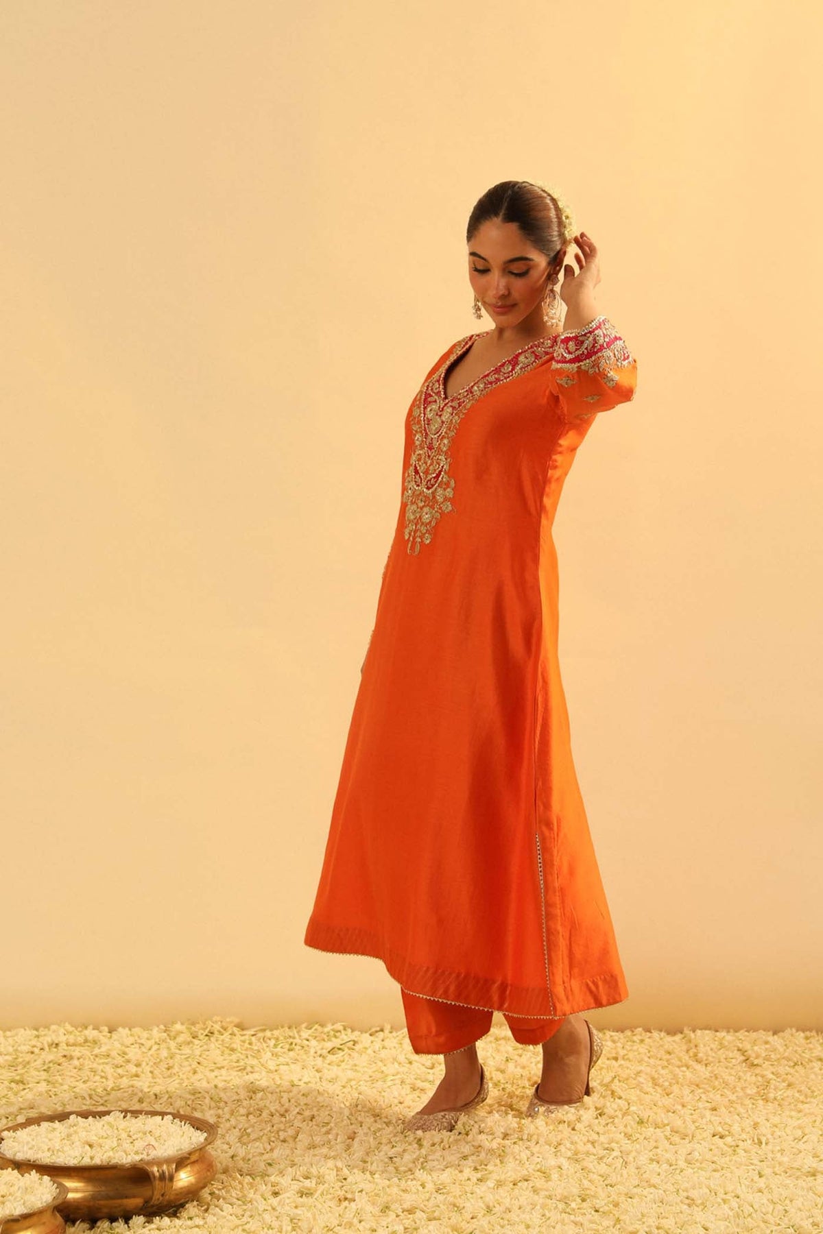 Alima - Orange Long A-line Choga with Salwar