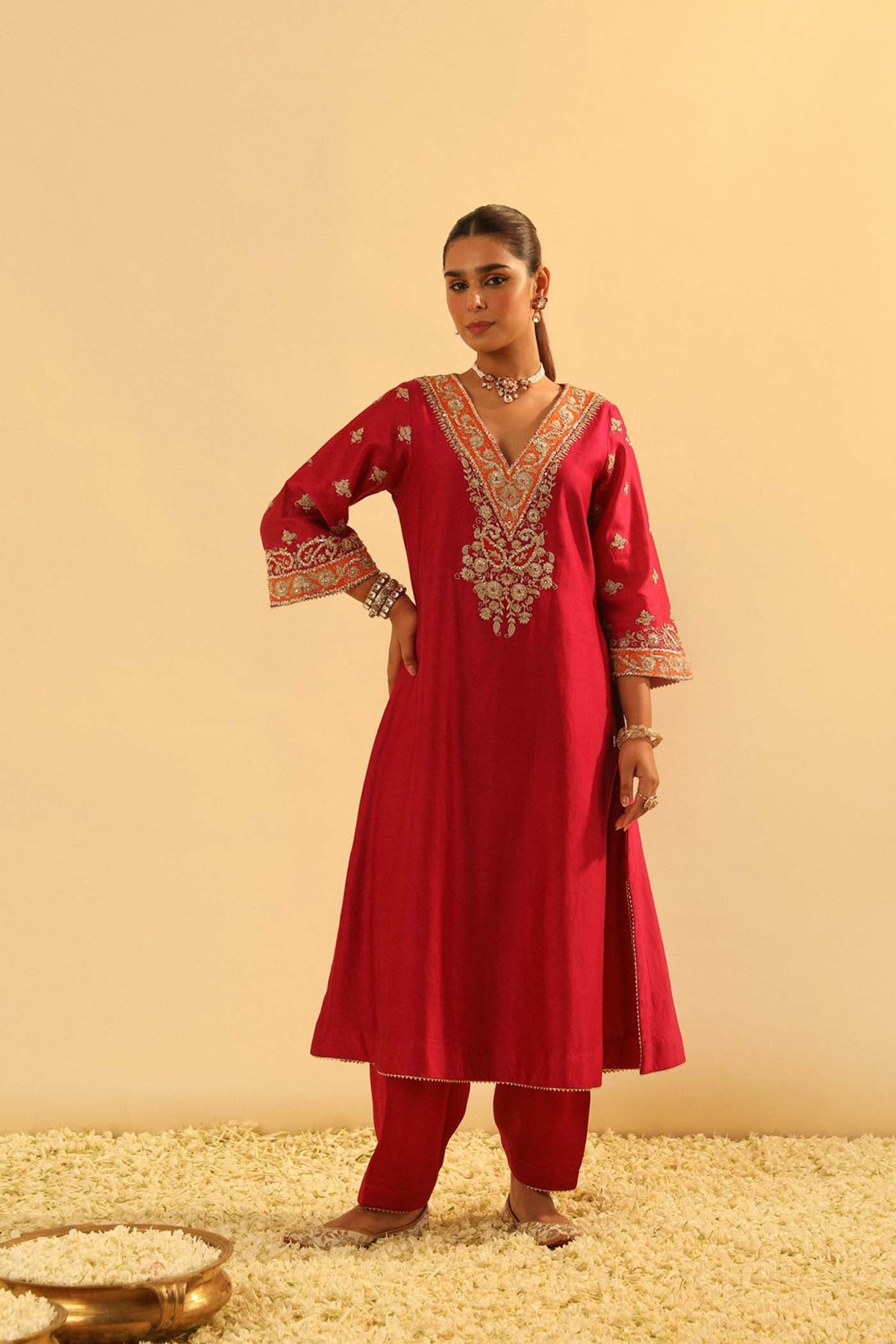 Alima - Red Long A-line Choga with Salwar