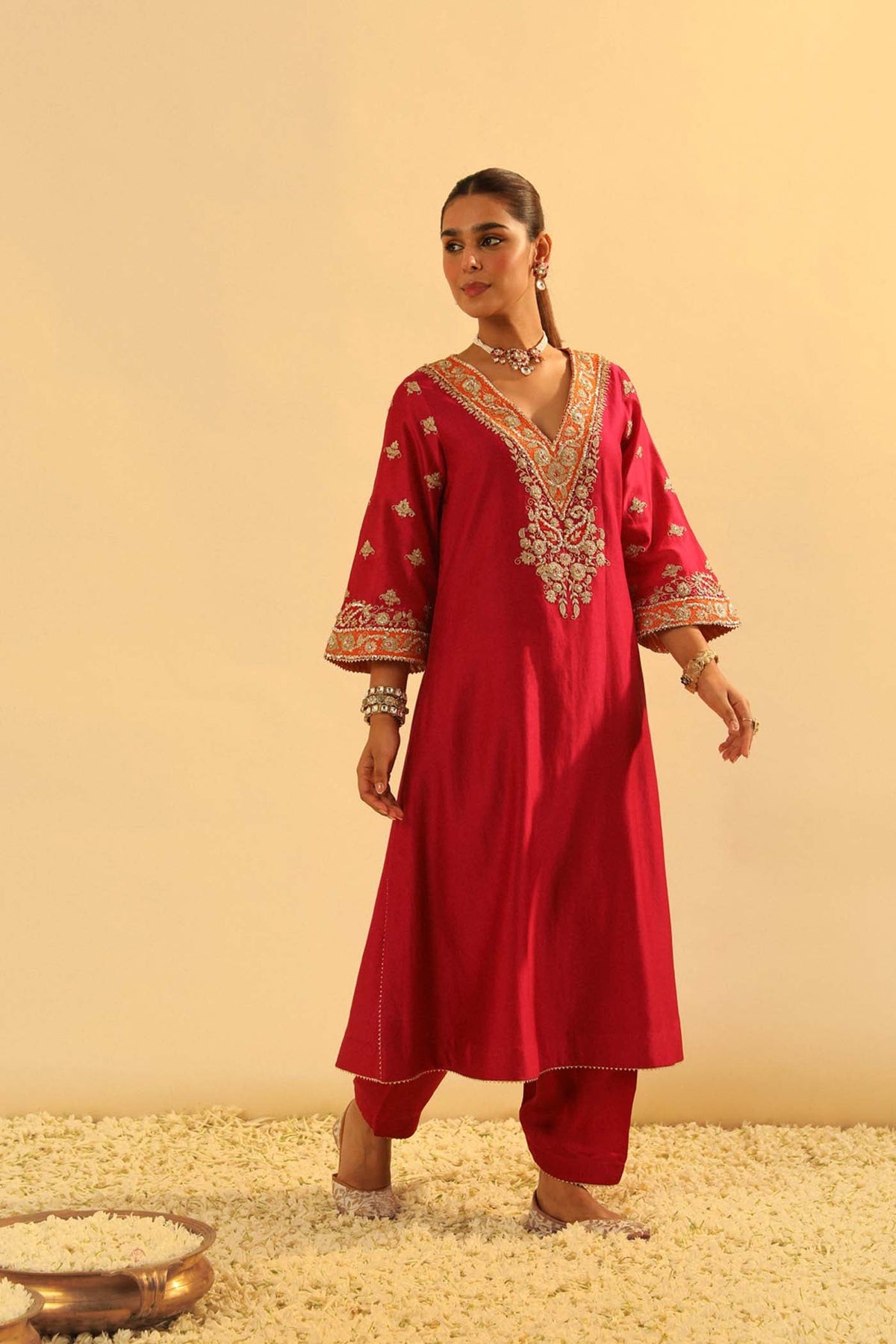 Alima - Red Long A-line Choga with Salwar