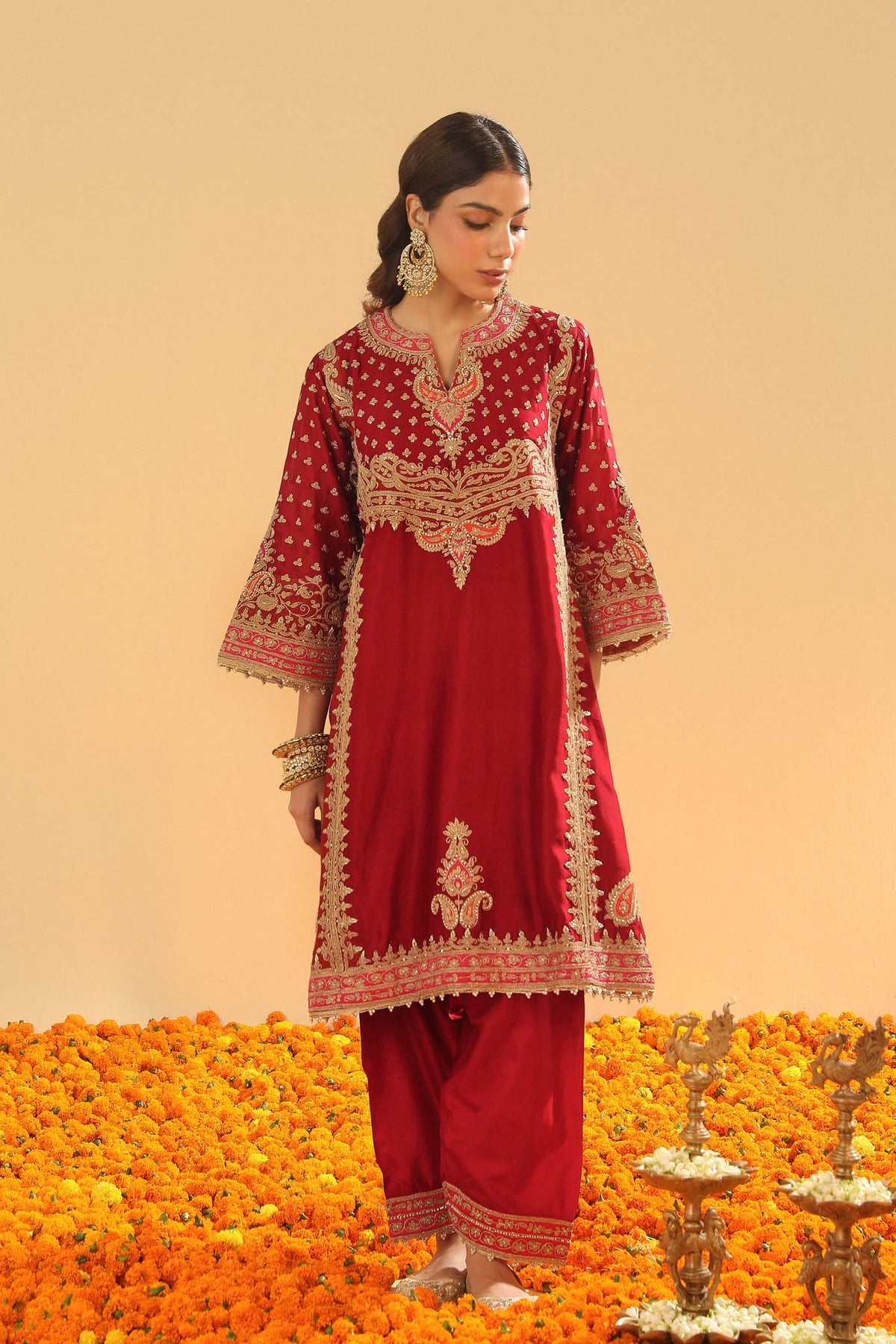 Shahzain - Deep Red Knee Length Kalidaar Chauga with Salwar