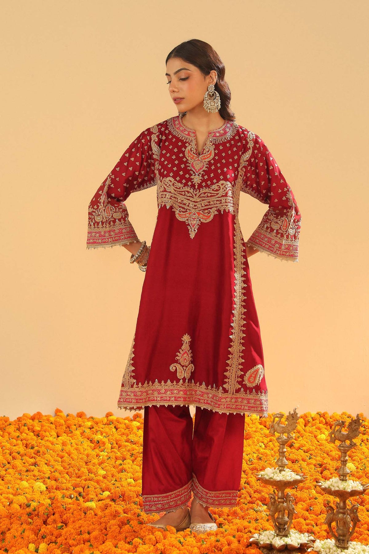 Shahzain - Deep Red Knee Length Kalidaar Chauga with Salwar