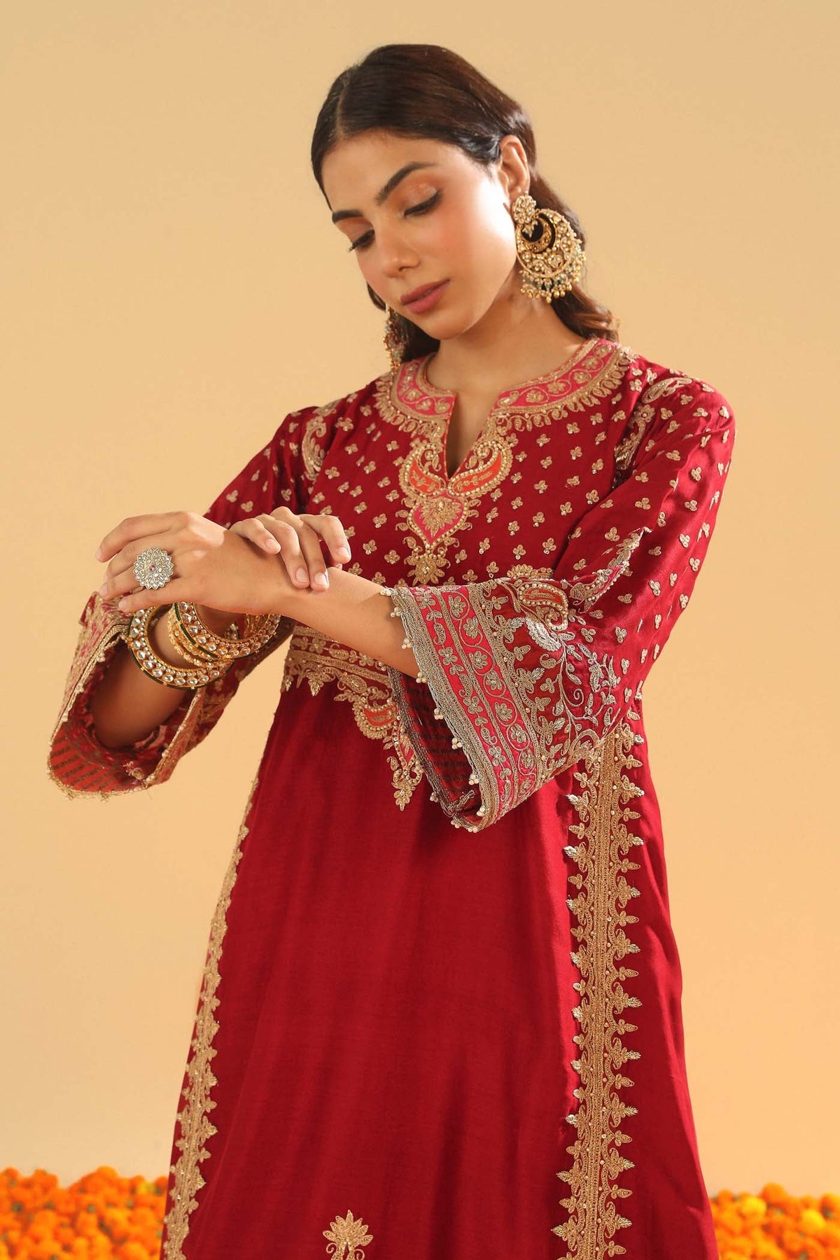 Shahzain - Deep Red Knee Length Kalidaar Chauga with Salwar
