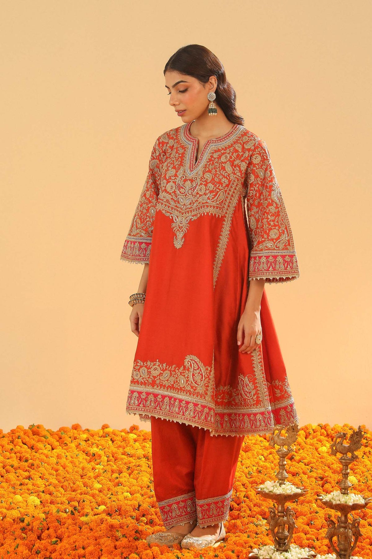 Irha - Burnt Orange Knee Length Kalidaar Chauga with Salwar