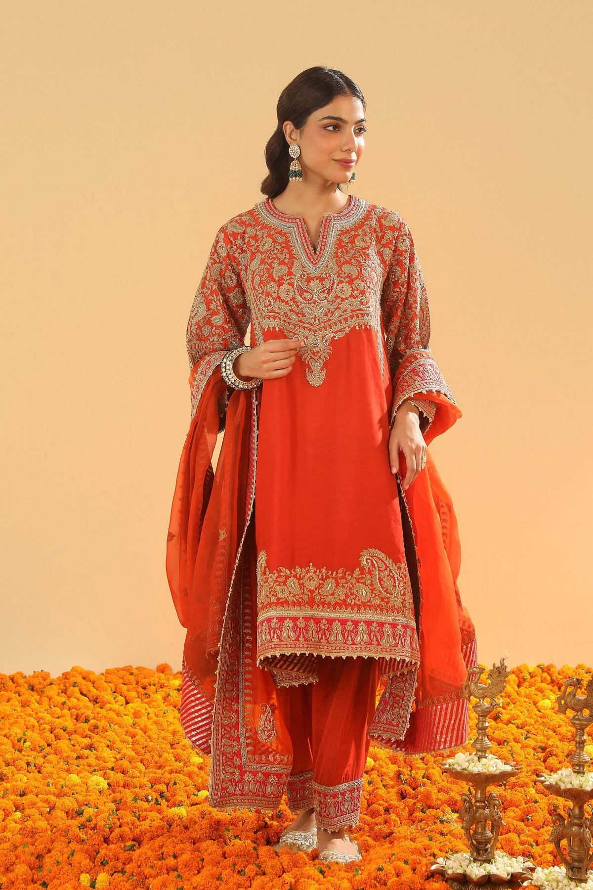 Irha - Burnt Orange Knee Length Kalidaar Chauga with Salwar
