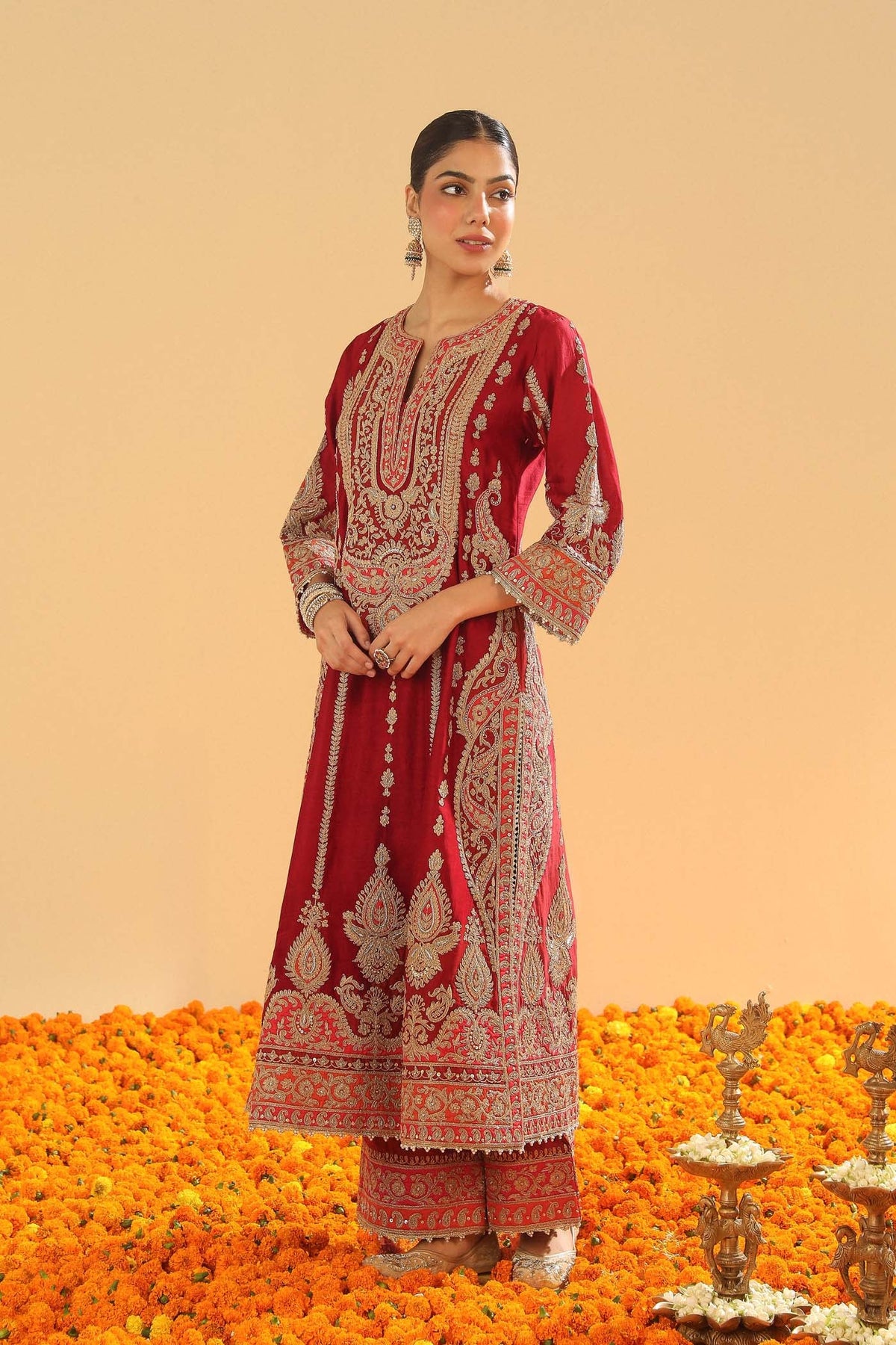 Maneet  Bedi  In Rua - Deep Red Long A-line Kurta with Palazzo