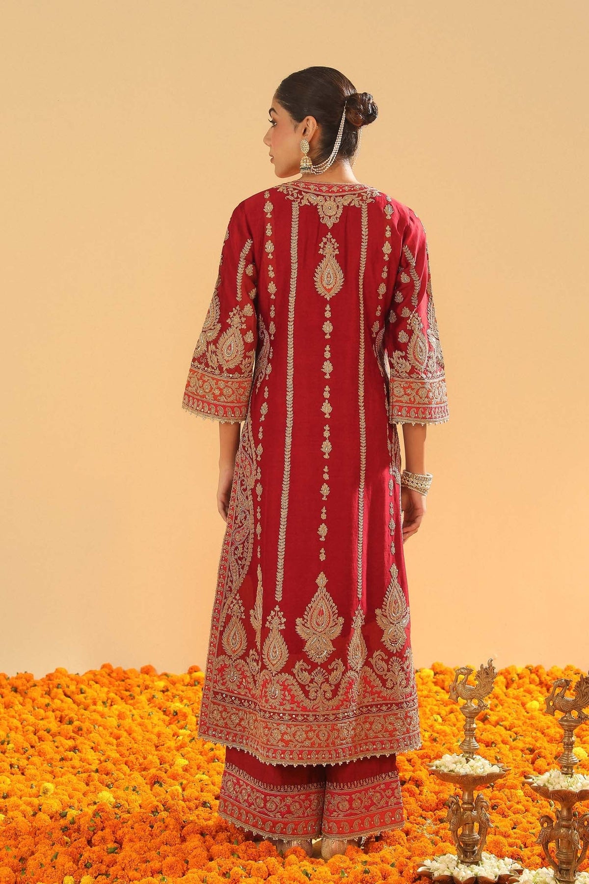 Rua - Deep Red Long A-line Kurta with Palazzo (Lxrts)