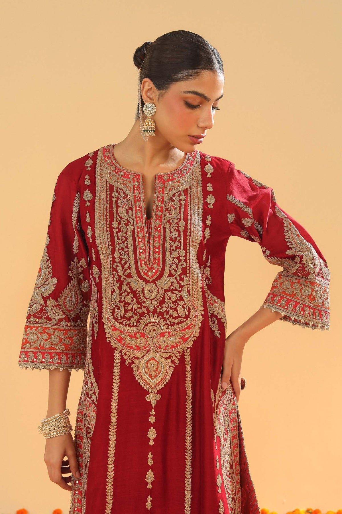 Rua - Deep Red Long A-line Kurta with Palazzo (Lxrts)