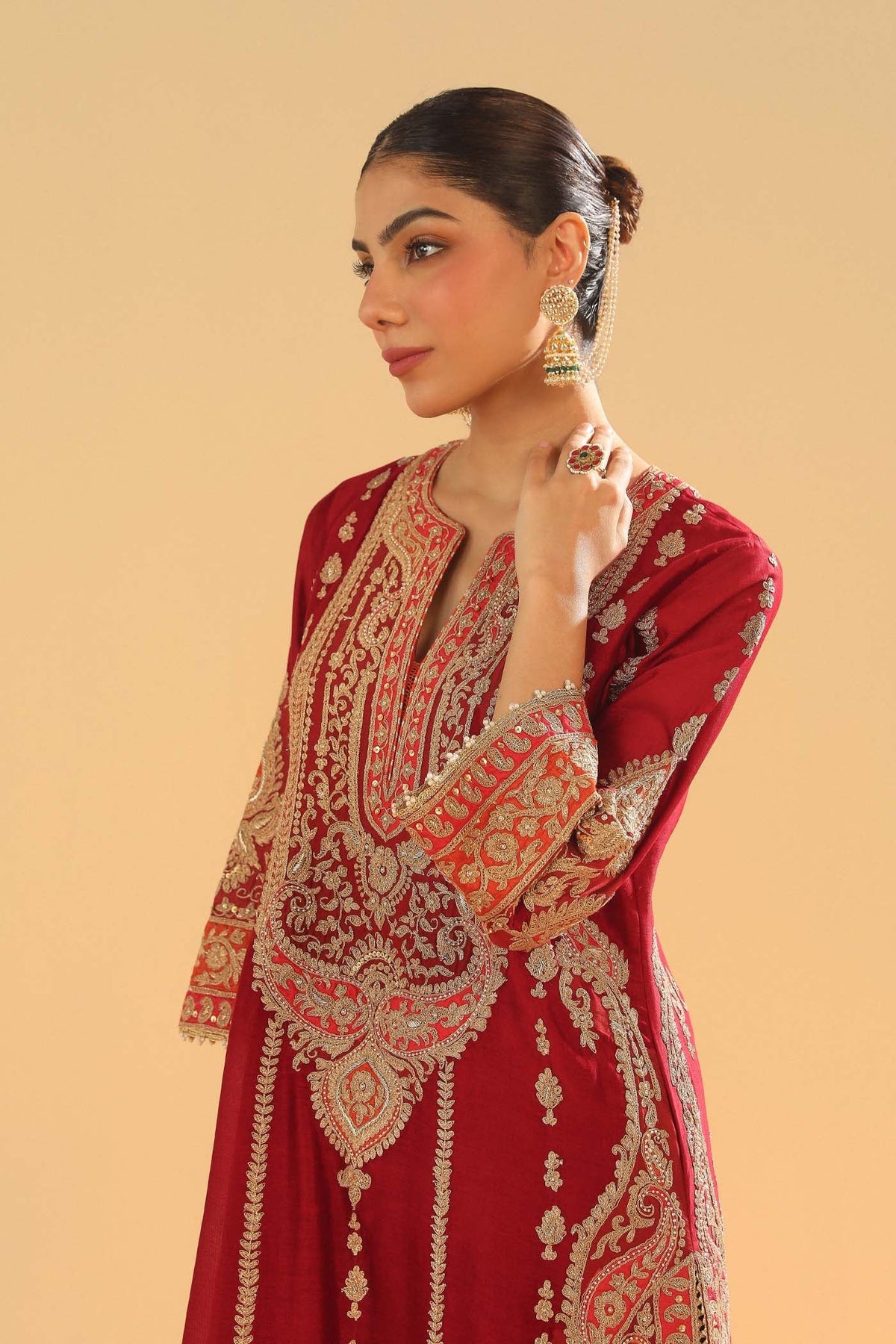 Rua - Deep Red Long A-line Kurta with Palazzo (Lxrts)
