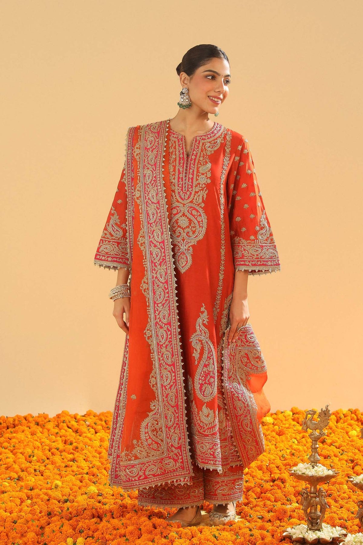 Swati Vatssa in Misam - Burnt Orange Long A-line Kurta with Palazzo