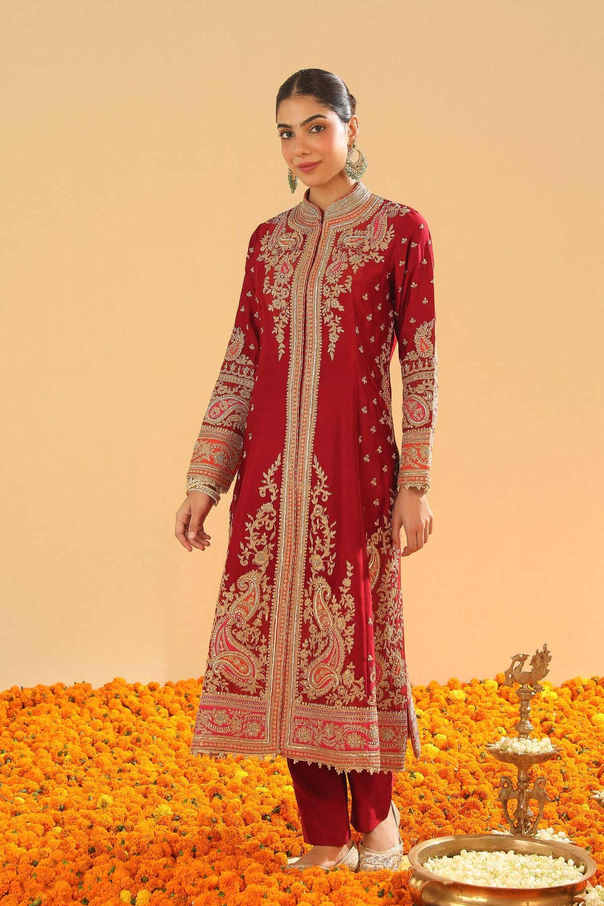 Minara - Deep Red Long A-line Jacket with Pant