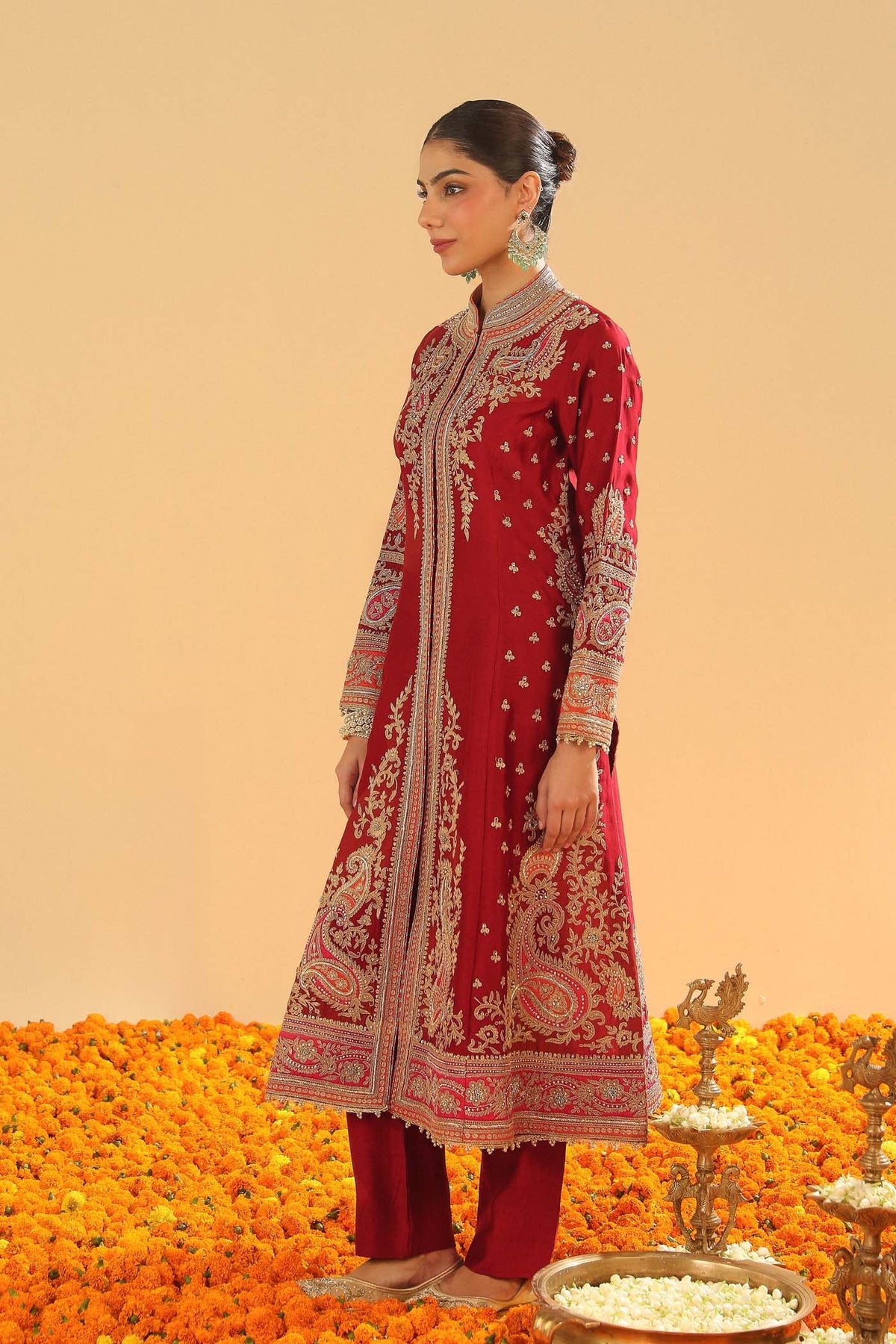 Minara - Deep Red Long A-line Jacket with Pant