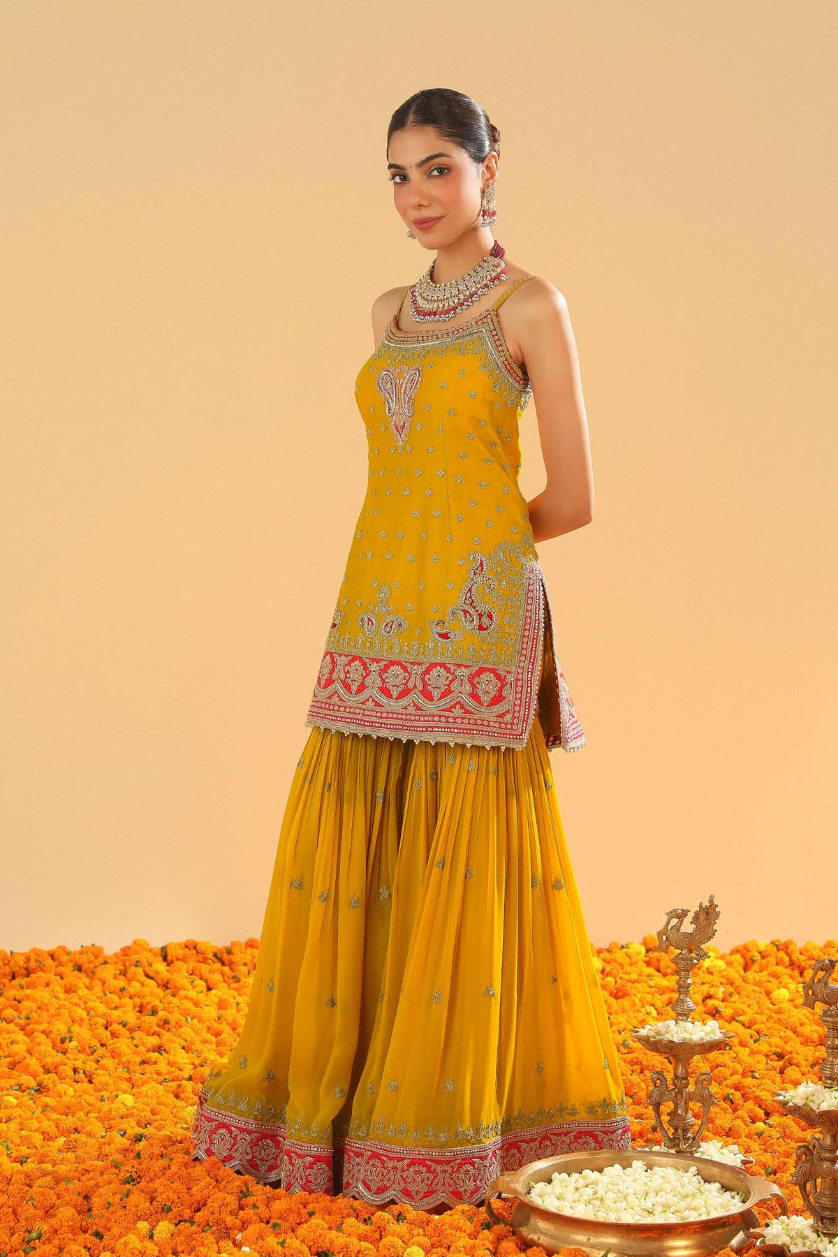 Kriti Sanon in  Mehan - Heirloom Mustard Short Kurta with Garara