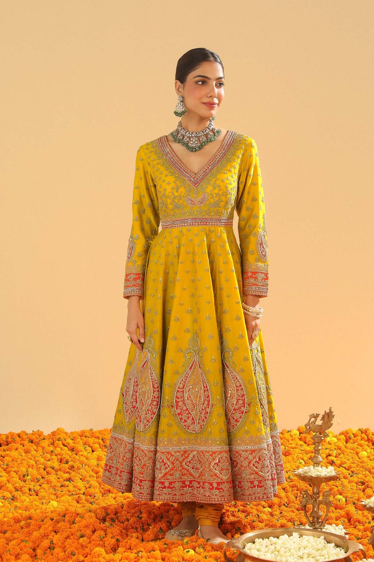 Shazia - Heirloom Mustard Anarkaali with Chooridaar