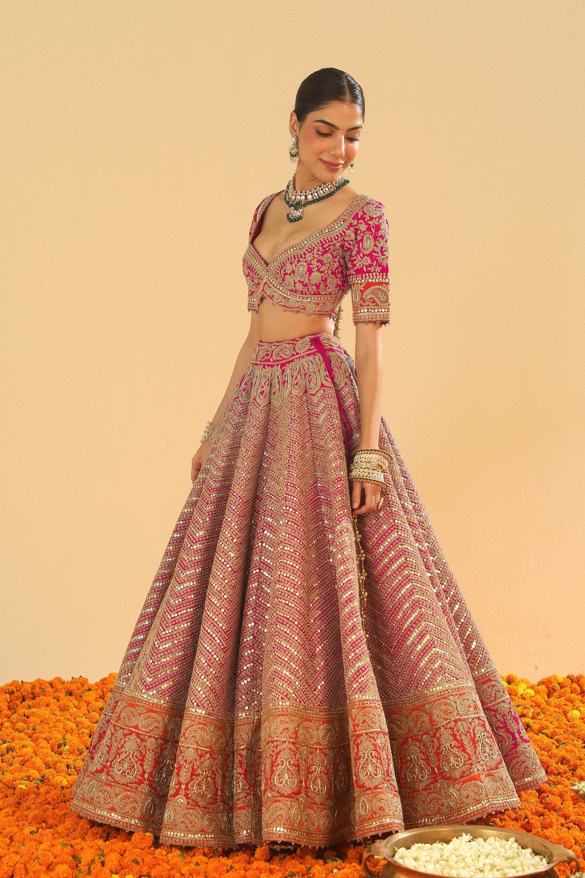 Anahira - Rani Hotpink Blouse with Lehenga and Dupatta