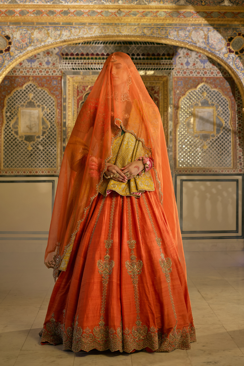 Naazila - Dabka Zardozi Embroidered Raw Silk Burnt Orange Lehenga Set