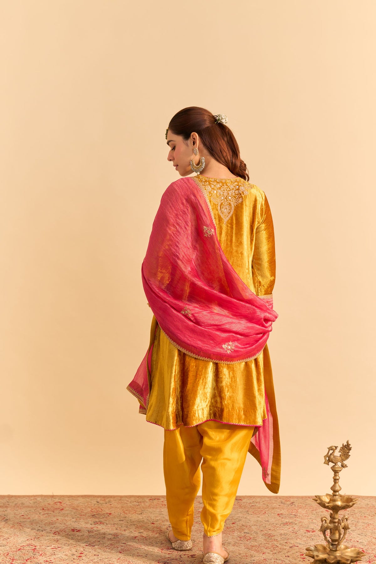 Laiba - Silk Velvet Heirloom Mustard A-line Kurta with Dhoti