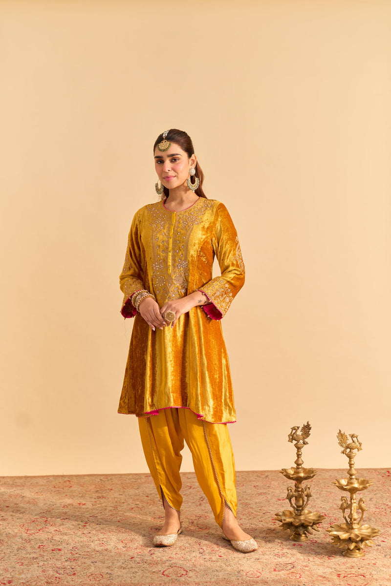 Laiba - Silk Velvet Heirloom Mustard A-line Kurta with Dhoti