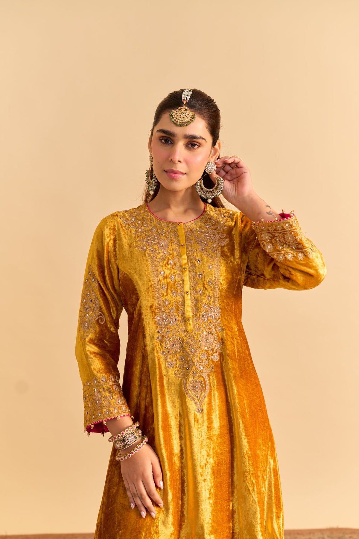 Laiba - Silk Velvet Heirloom Mustard A-line Kurta with Dhoti