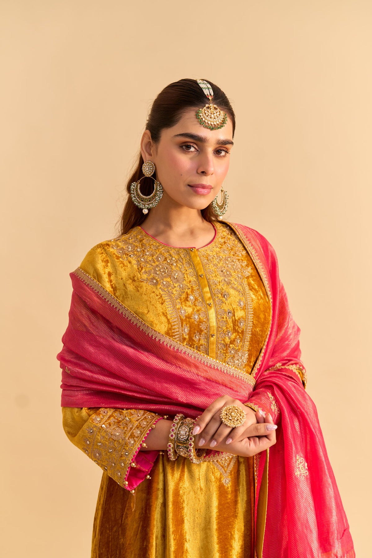 Laiba - Silk Velvet Heirloom Mustard A-line Kurta with Dhoti
