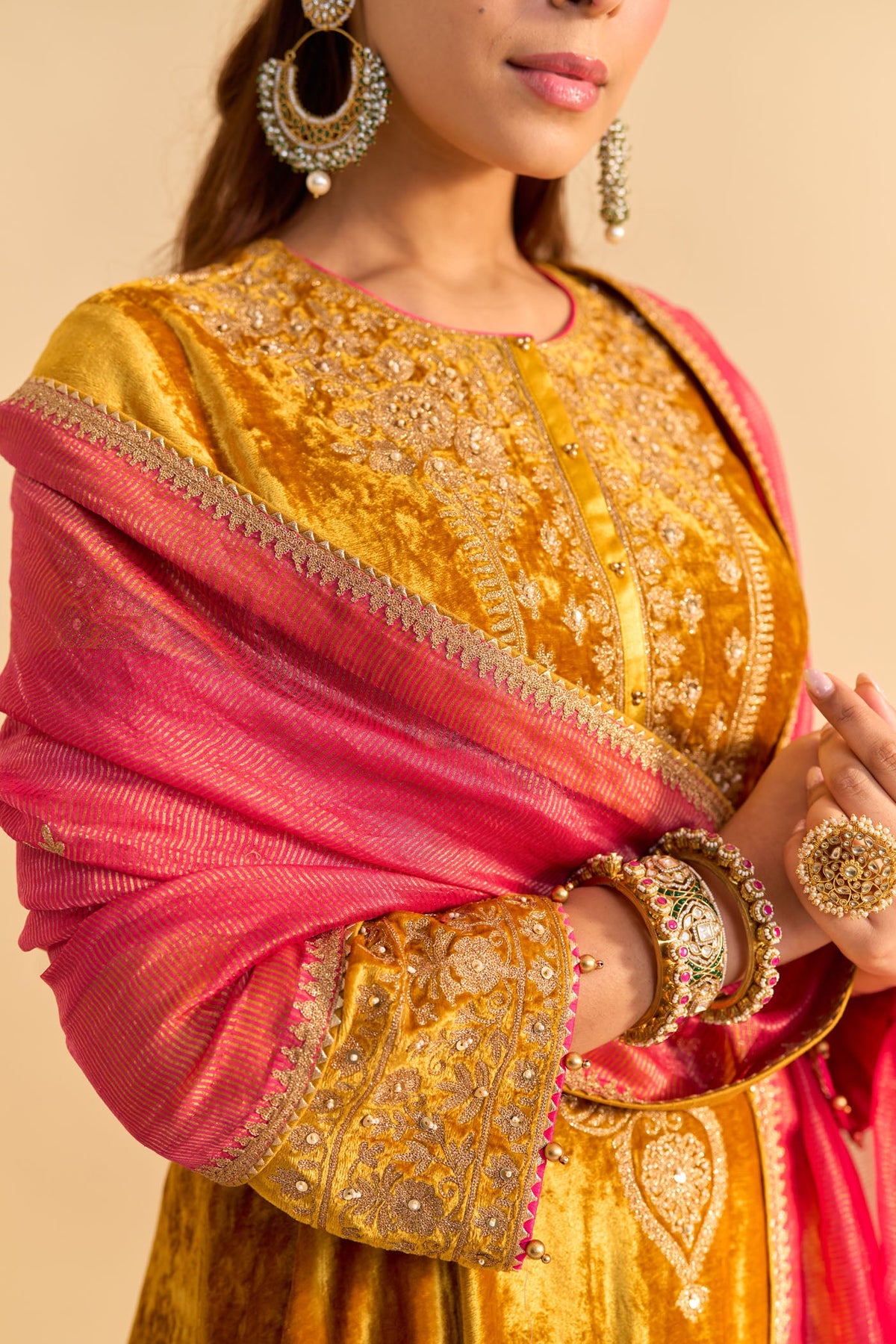Laiba - Silk Velvet Heirloom Mustard A-line Kurta with Dhoti