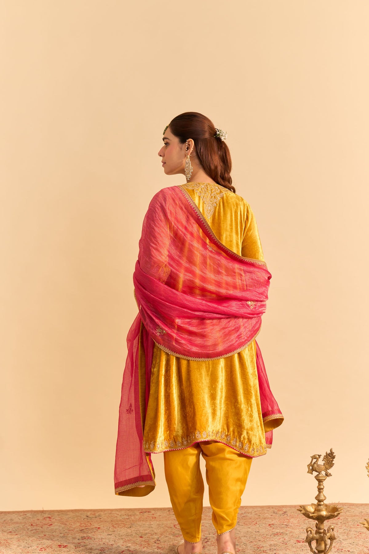 Amal - Silk Velvet Heirloom Mustard A-line Kurta with Dhoti