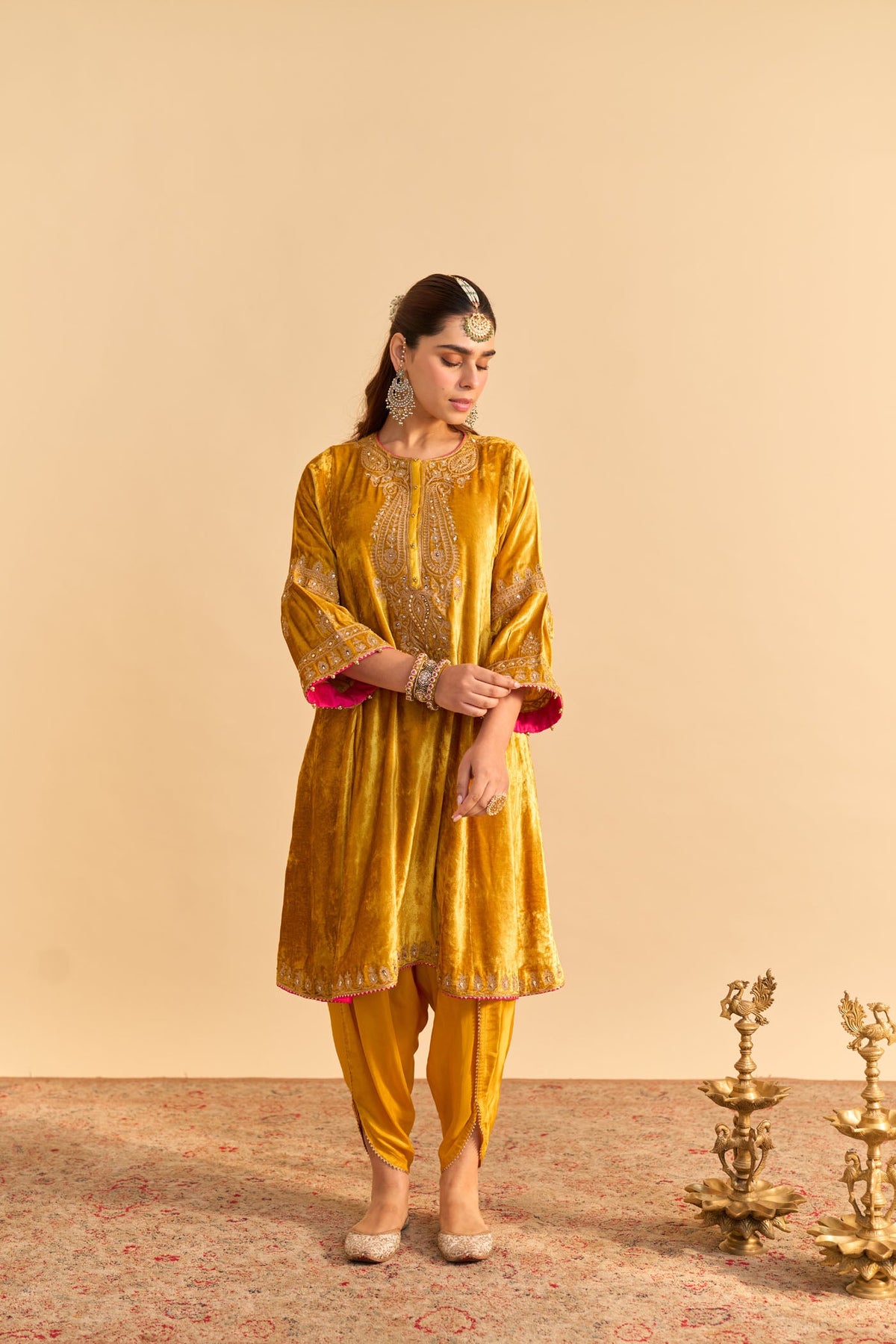 Amal - Silk Velvet Heirloom Mustard A-line Kurta with Dhoti